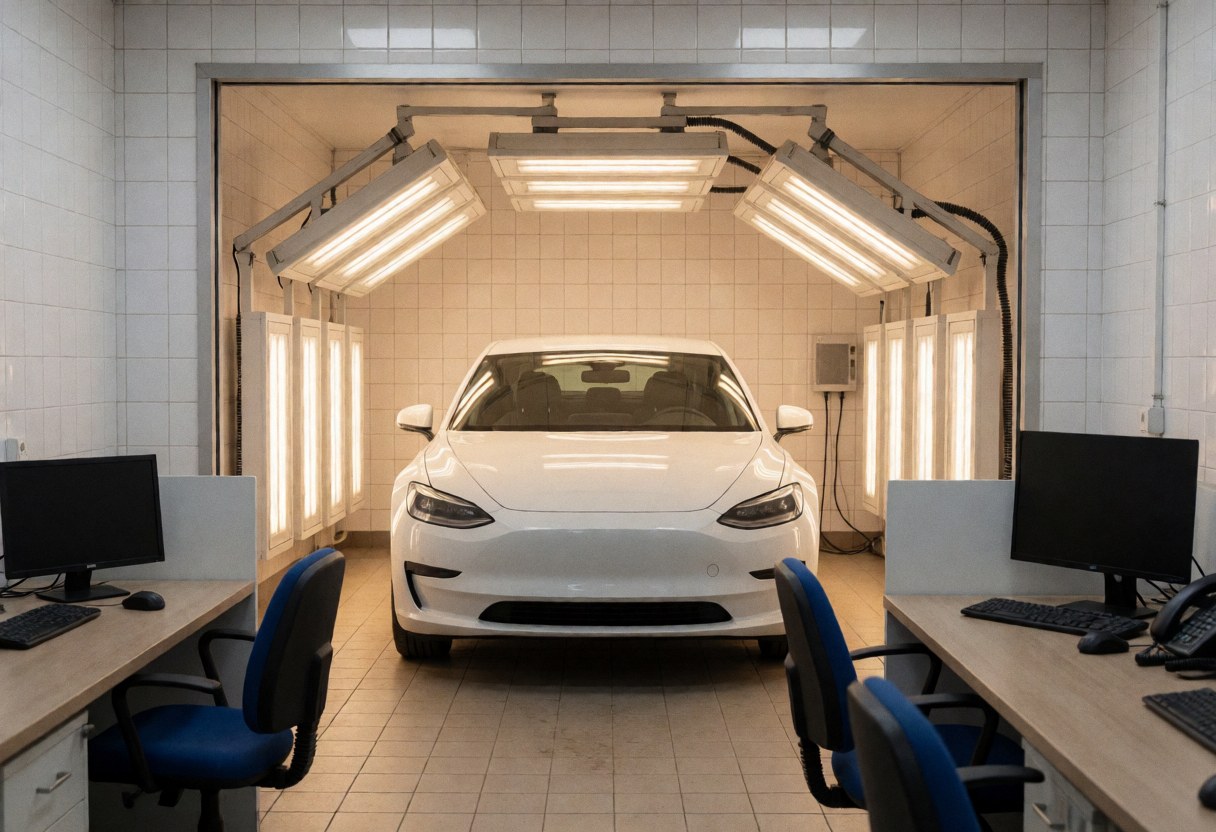 White vehicle in a curing station with infrared lights, white tiled walls, and a clean tiled floor for auto body and paint business.