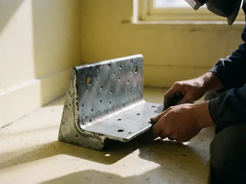 A perforated metal bracket rests on a workshop floor while hands work on it under natural light in a metal stamping scene.