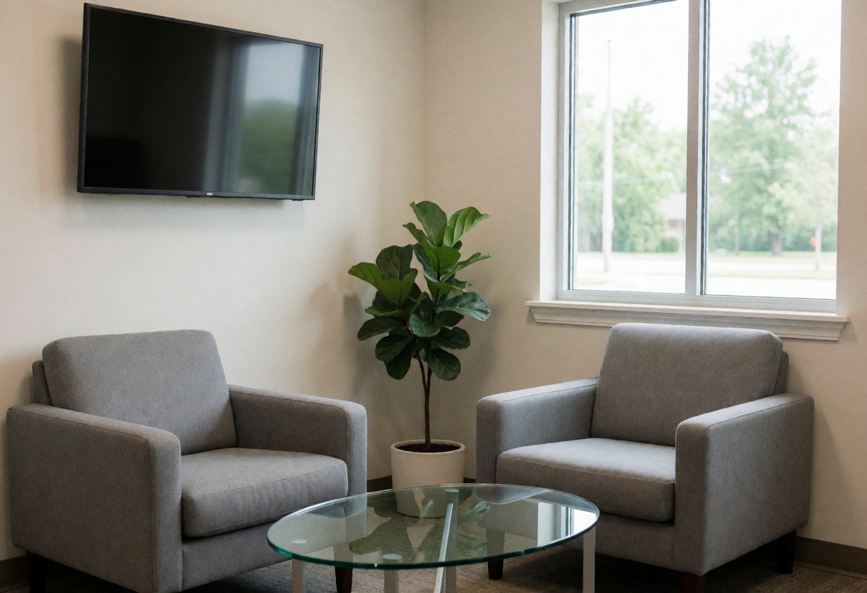 Modern waiting area featuring two gray chairs, a glass table, a potted plant, and a window with natural light.