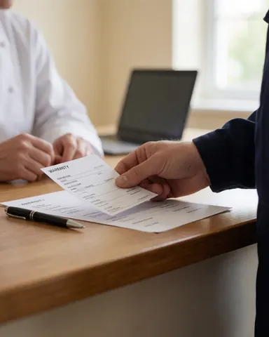 Technician hands warranty card and invoice to customer at wooden counter with laptop in beige office