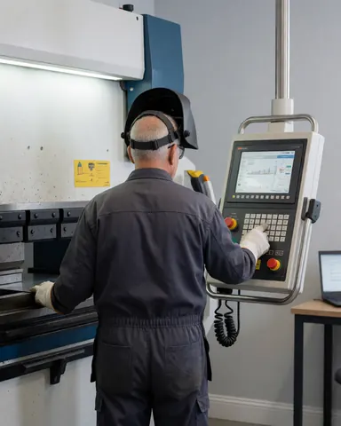 Worker wearing safety helmet adjusting a hydraulic press in an industrial workshop with gray walls and visible control panel