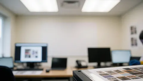 Soft focus background of a professional graphic printing workspace featuring computer monitors, color proofing sheets, and diffused lighting suitable for text overlays.