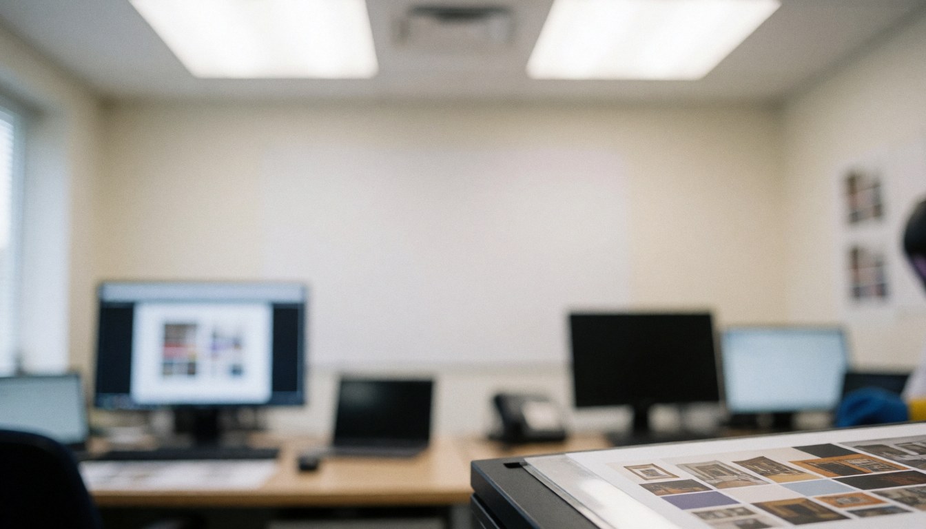 Soft focus background of a professional graphic printing workspace featuring computer monitors, color proofing sheets, and diffused lighting suitable for text overlays.