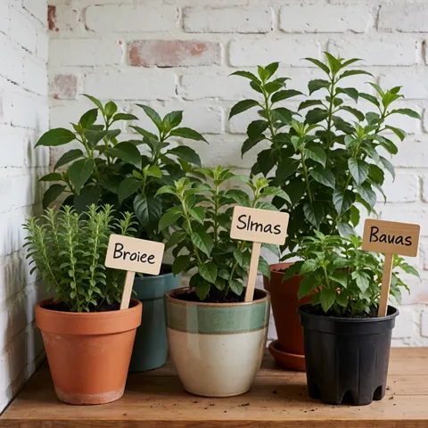 Native plants in terracotta, ceramic, and plastic pots on wood with tags against a white brick wall for an ecological park