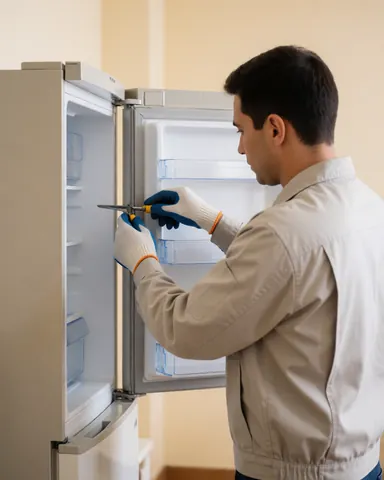 Technician adjusting refrigerator hinges in a workshop with beige walls