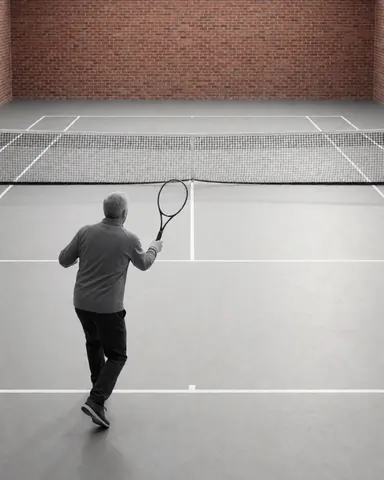 An adult man plays tennis on a newly installed court with a brick wall, showcasing the tennis court installation service.