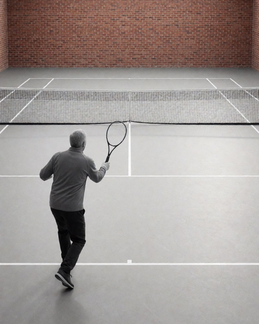 An adult man plays tennis on a newly installed court with a brick wall, showcasing the tennis court installation service.