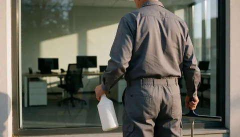 A professional cleaner uses a squeegee and spray bottle to clean a large office window during sunset.
