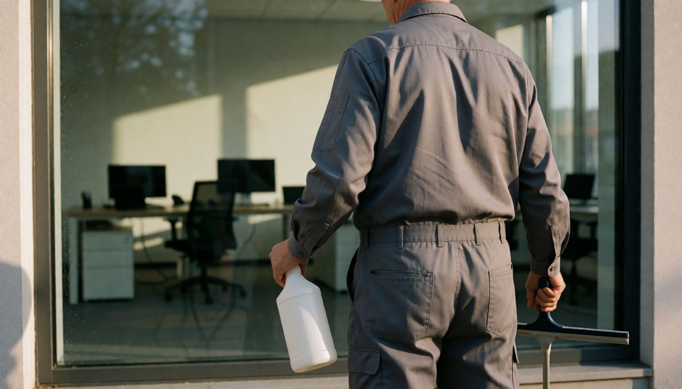 A professional cleaner uses a squeegee and spray bottle to clean a large office window during sunset.