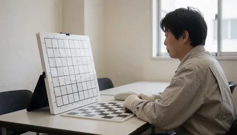 A magnetic chess board on a table in a bright classroom with clean walls, suitable for a chess school website hero image