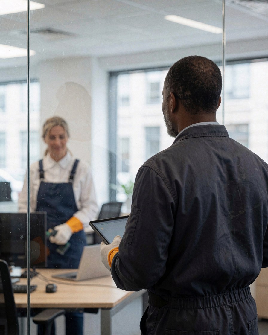 A satisfied customer observes the clean glass in a modern office while a professional worker checks the results.