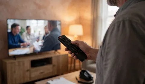 Technician pointing remote control at television in bright living room with copy space