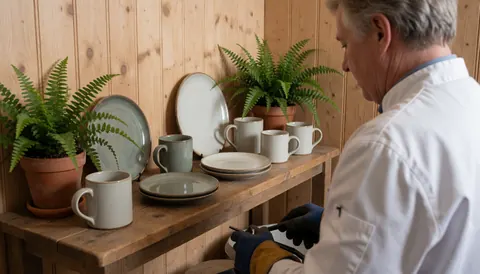 Pottery artist working with mugs and plates on a wooden shelf with green plants