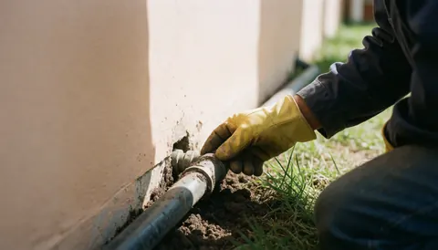 A plumber wearing a yellow glove checks a metal pipe connection near a house wall with dirt and grass ground.