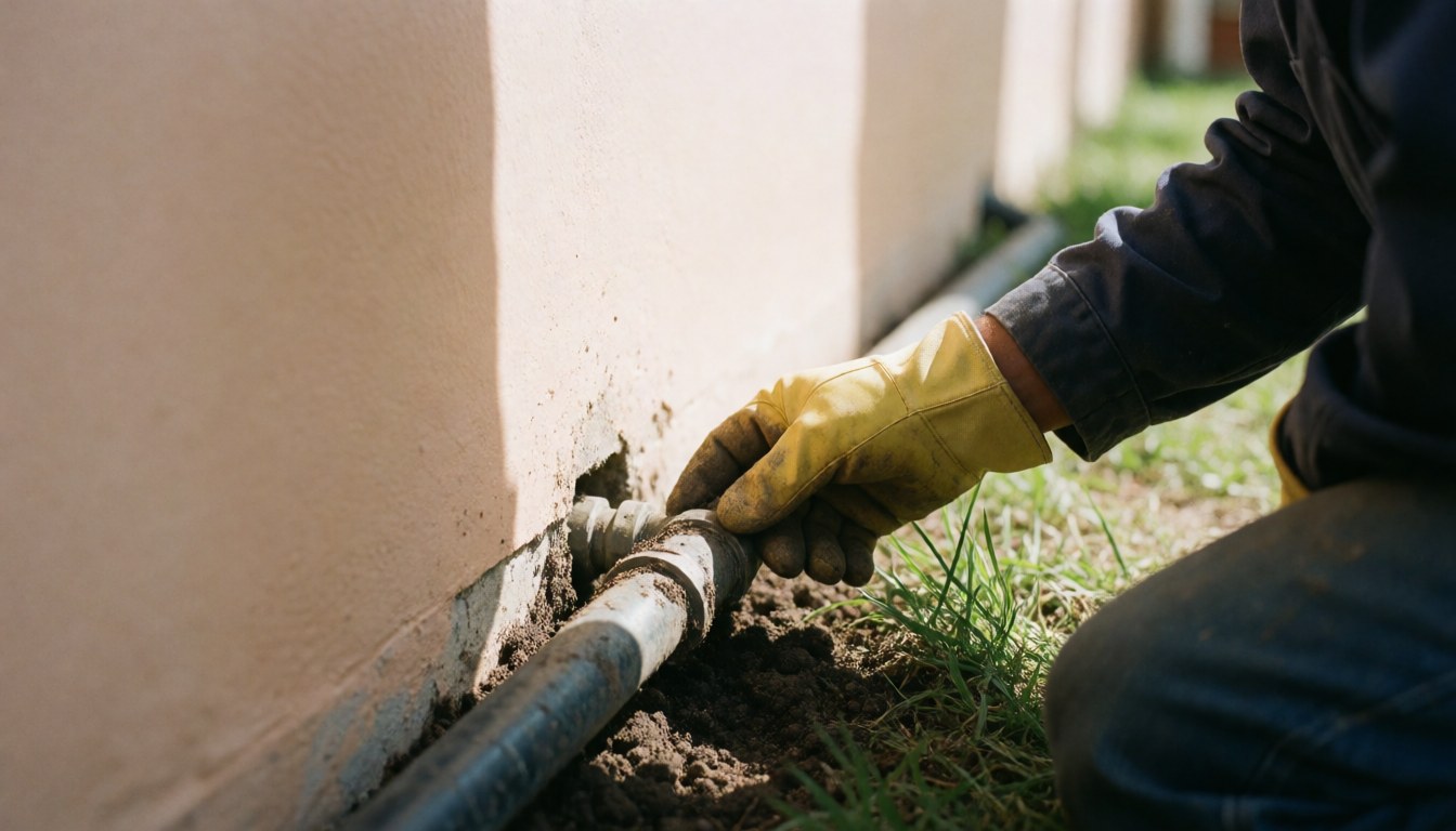 A plumber wearing a yellow glove checks a metal pipe connection near a house wall with dirt and grass ground.