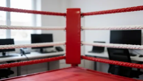 Close-up view of red and white boxing ring ropes serving as a textured background for business text overlays