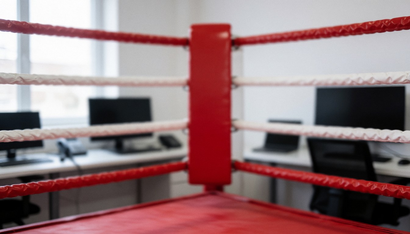 Close-up view of red and white boxing ring ropes serving as a textured background for business text overlays