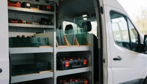 Interior of a white van featuring metal shelves, window glass sheets, and organized tool cases, suitable as a background for text about window repair.