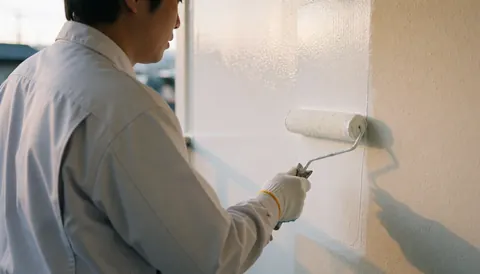 Worker in white gloves uses a roller to apply elastomeric waterproofing paint on an exterior balcony wall during soft sunset light