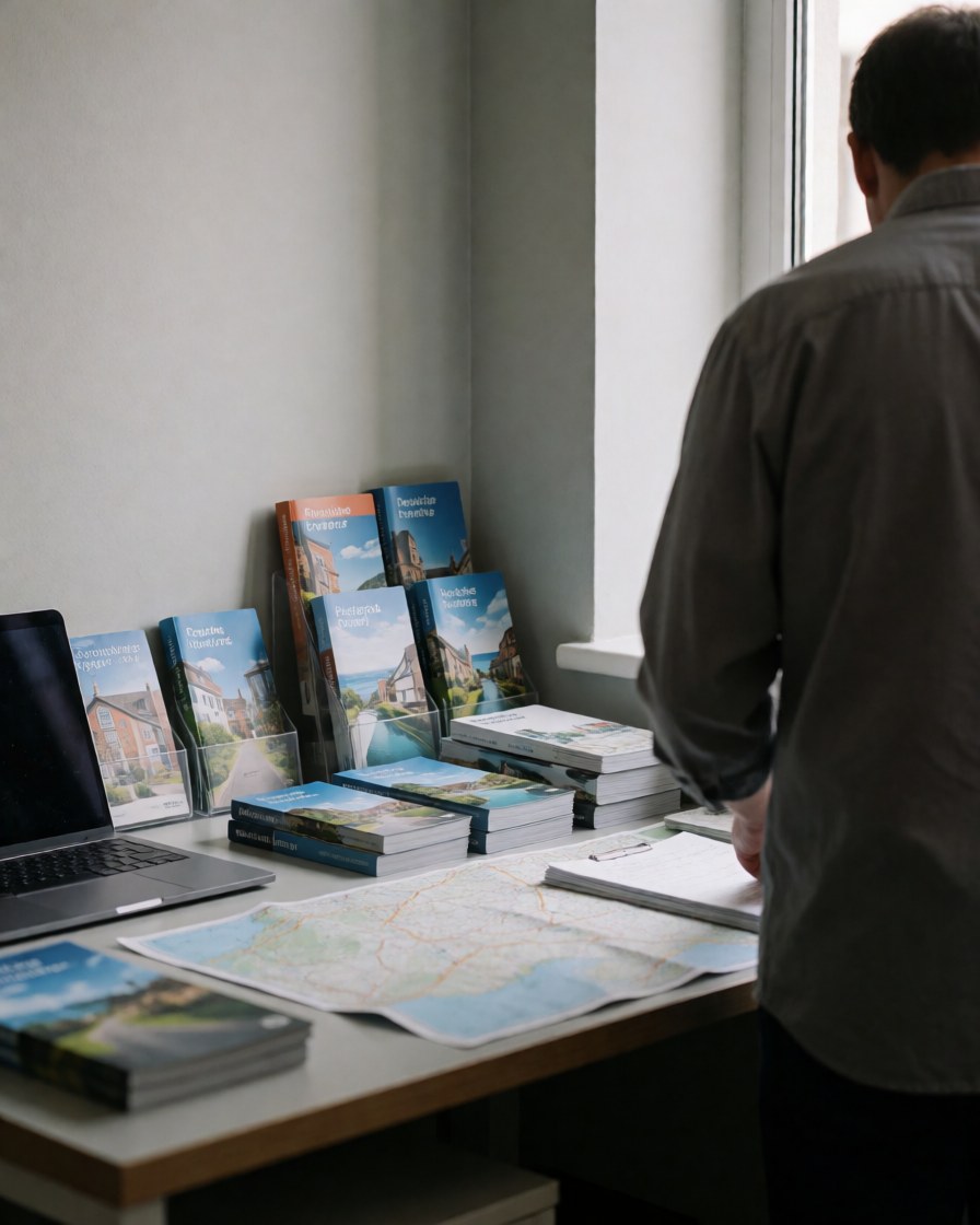 A professional arranging travel guides and a map on a desk in an office with gray walls and natural light.