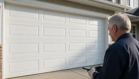 A garage door installer works on a white sectional door at a home during morning light with tools in hand