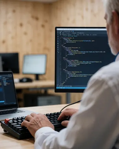 Adult programmer typing code on a mechanical keyboard with a code screen in the foreground in a wood-paneled office