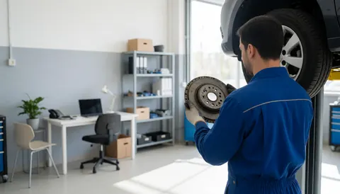 Mechanic in blue uniform checking brake rotor while car is raised on a lift in a well-lit workshop with copy space
