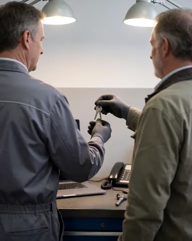 Mechanic in gloves hands keys to customer in well-lit garage with tools and computer