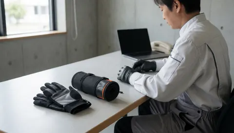 Cycling gloves and a repair kit placed on a work table in a bicycle workshop with a concrete wall and natural light.