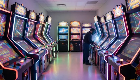 An employee working at arcade machines in an amusement park center with neon lights and a reflective floor.