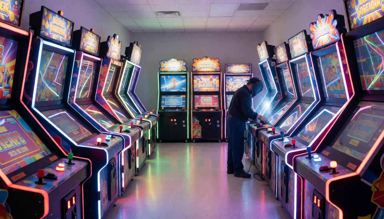 An employee working at arcade machines in an amusement park center with neon lights and a reflective floor.