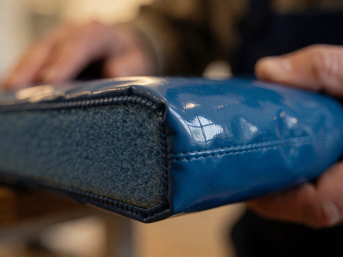 Close-up of the corner of a blue gymnastics mat showing visible stitching, window reflection, and exposed foam texture.