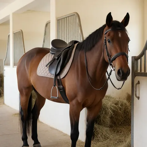 Brown horse equipped with saddle and bridle ready for riding in a stable aisle with straw and cream walls