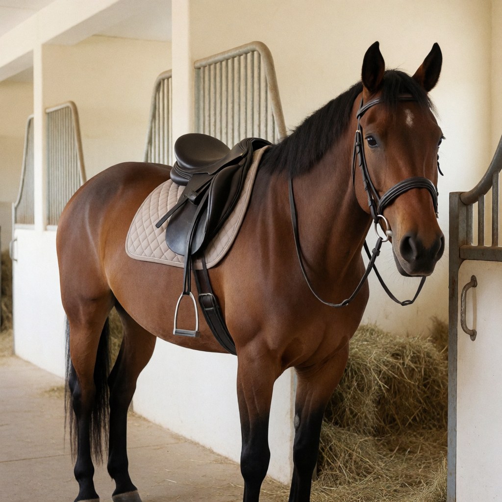 Brown horse equipped with saddle and bridle ready for riding in a stable aisle with straw and cream walls