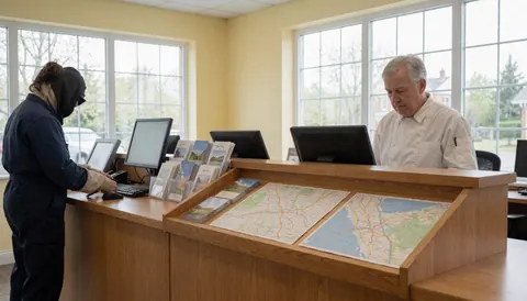 Zoo office interior featuring maps and computers on a desk with people working at the counter and large windows