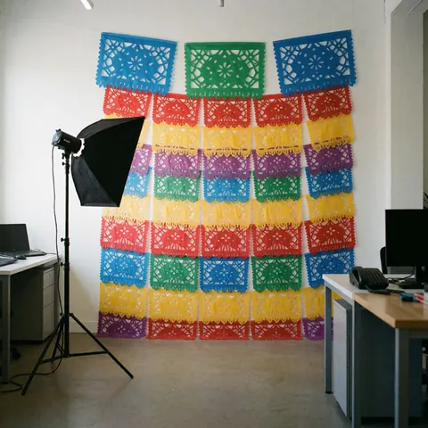 Colorful traditional paper banners hanging as a backdrop in a professional photography studio with concrete flooring and softbox lighting.