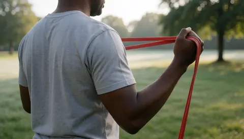 A man performing a resistance band exercise outdoors in a park setting for fitness training