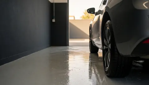 A freshly washed car sits in a modern car wash bay with wet concrete floors and dark gray walls illuminated by warm sunset light.