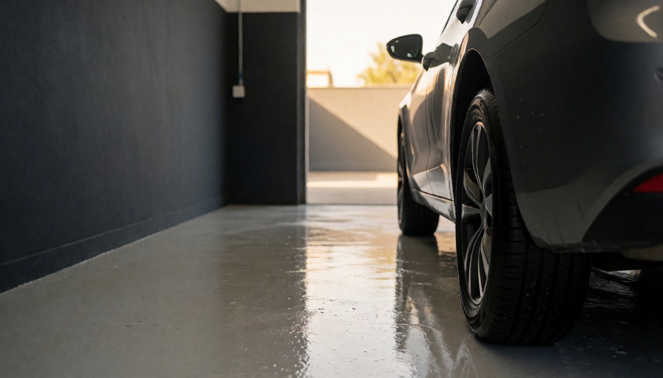 A freshly washed car sits in a modern car wash bay with wet concrete floors and dark gray walls illuminated by warm sunset light.