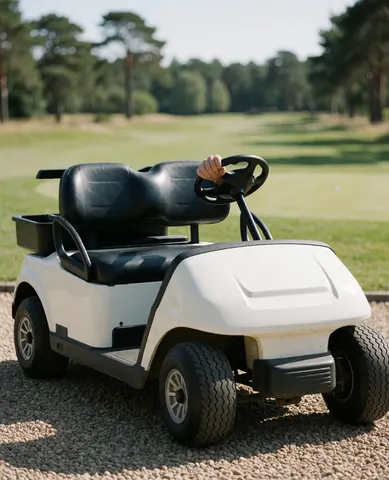 Hand resting on the steering wheel of a white golf cart parked on gravel near a green fairway and pine trees
