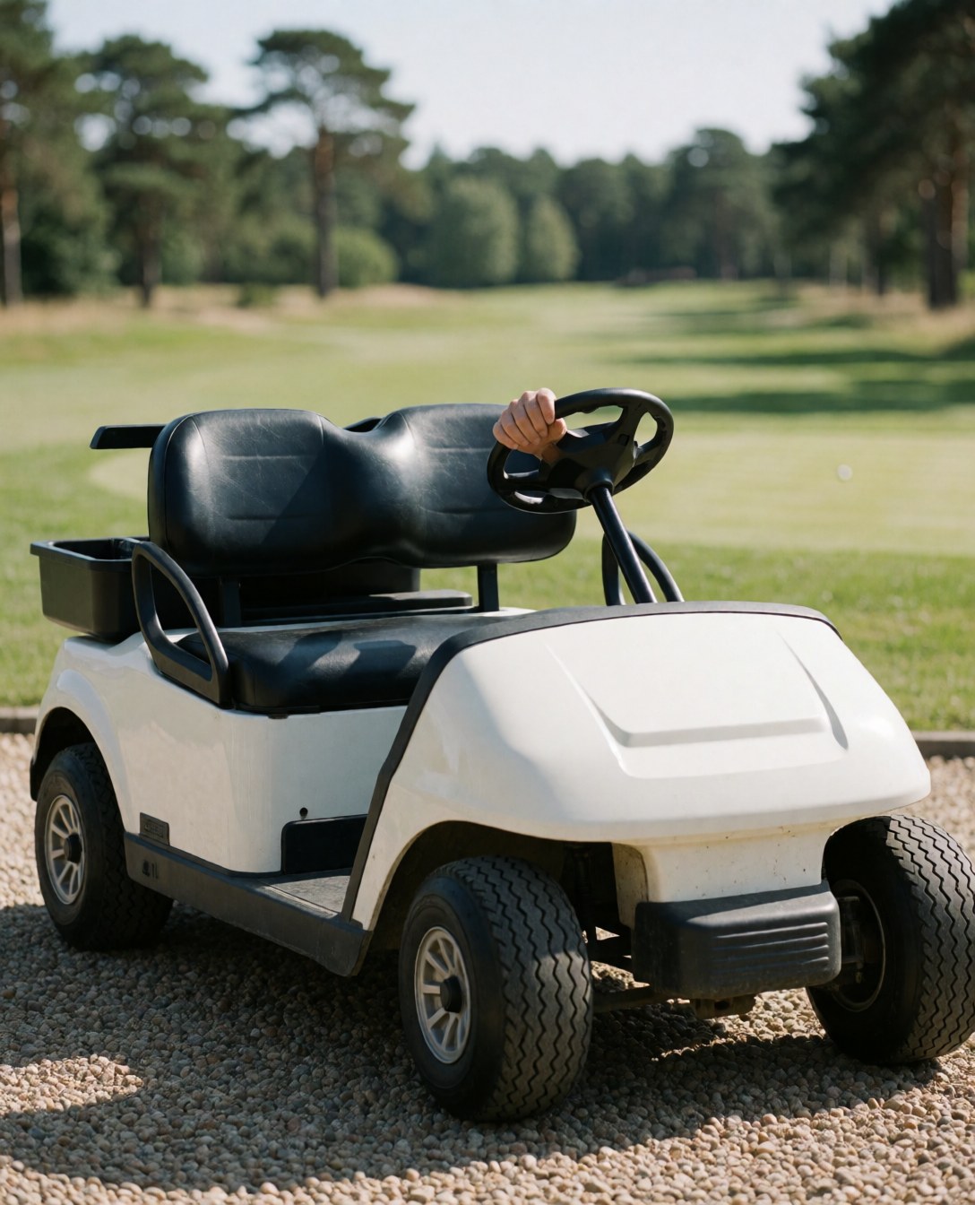 Hand resting on the steering wheel of a white golf cart parked on gravel near a green fairway and pine trees