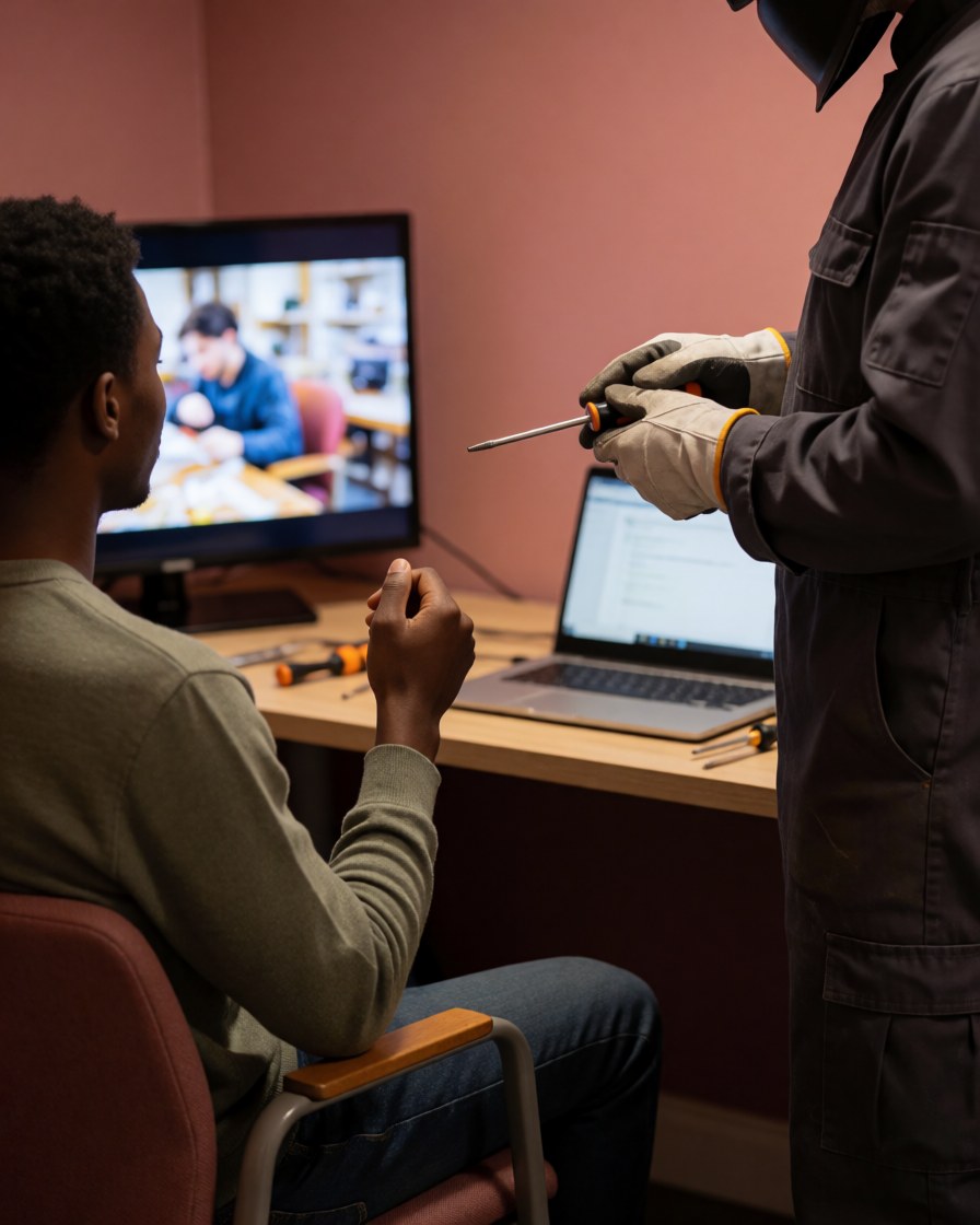 A satisfied customer watches a working television while a technician repairs it with a screwdriver against a pink wall.