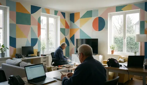 Two professionals install geometric wallpaper in a modern room with natural light and contemporary furniture.