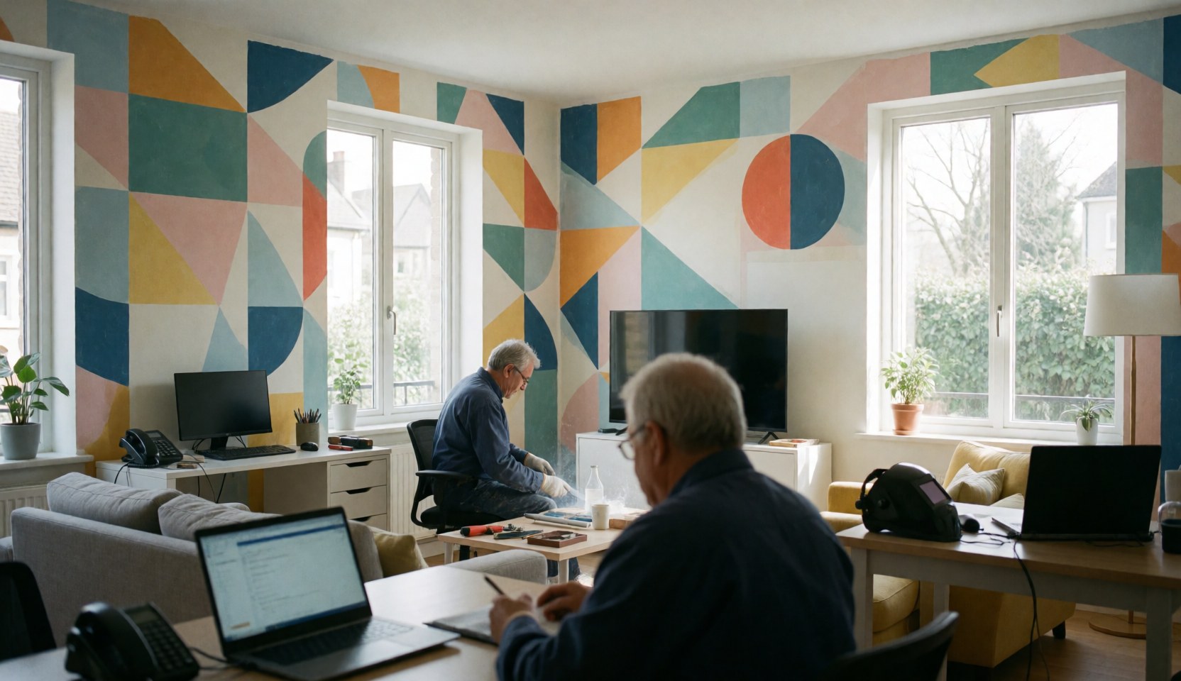 Two professionals install geometric wallpaper in a modern room with natural light and contemporary furniture.