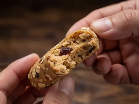 Hand holding a protein bar with oats and raisins on a dark wooden background for fitness trainers