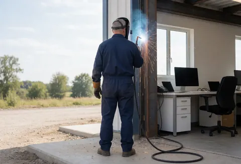 Industrial welder wearing helmet and gloves cutting a metal structure with plasma in a construction site with an office in the background