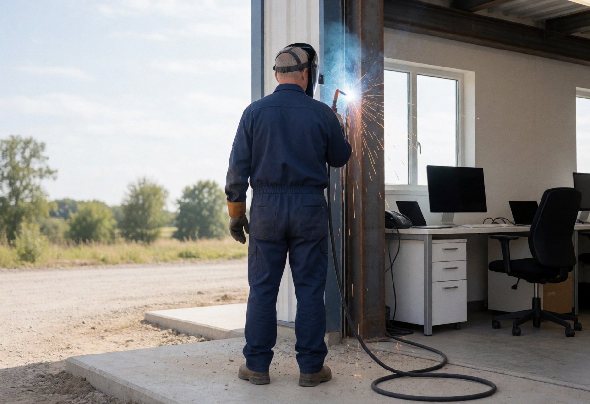 Industrial welder wearing helmet and gloves cutting a metal structure with plasma in a construction site with an office in the background