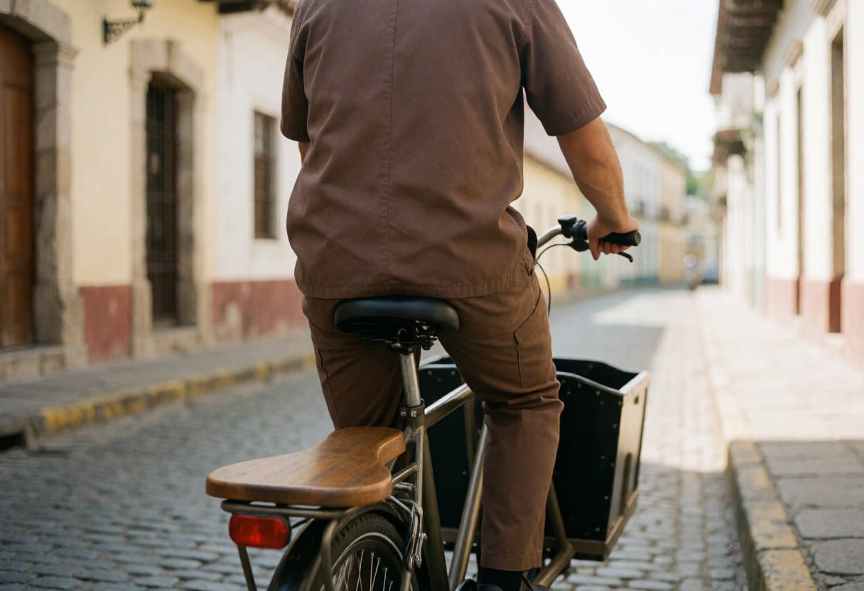 Cyclist in brown uniform riding a bicycle taxi with wooden seat and rear cargo box on a colonial cobblestone street