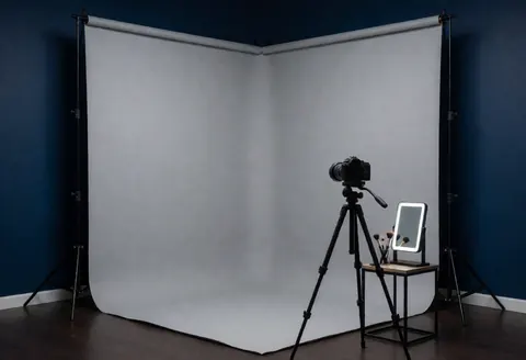 Camera on tripod with makeup mirror and brushes on table against gray backdrop in studio with blue walls