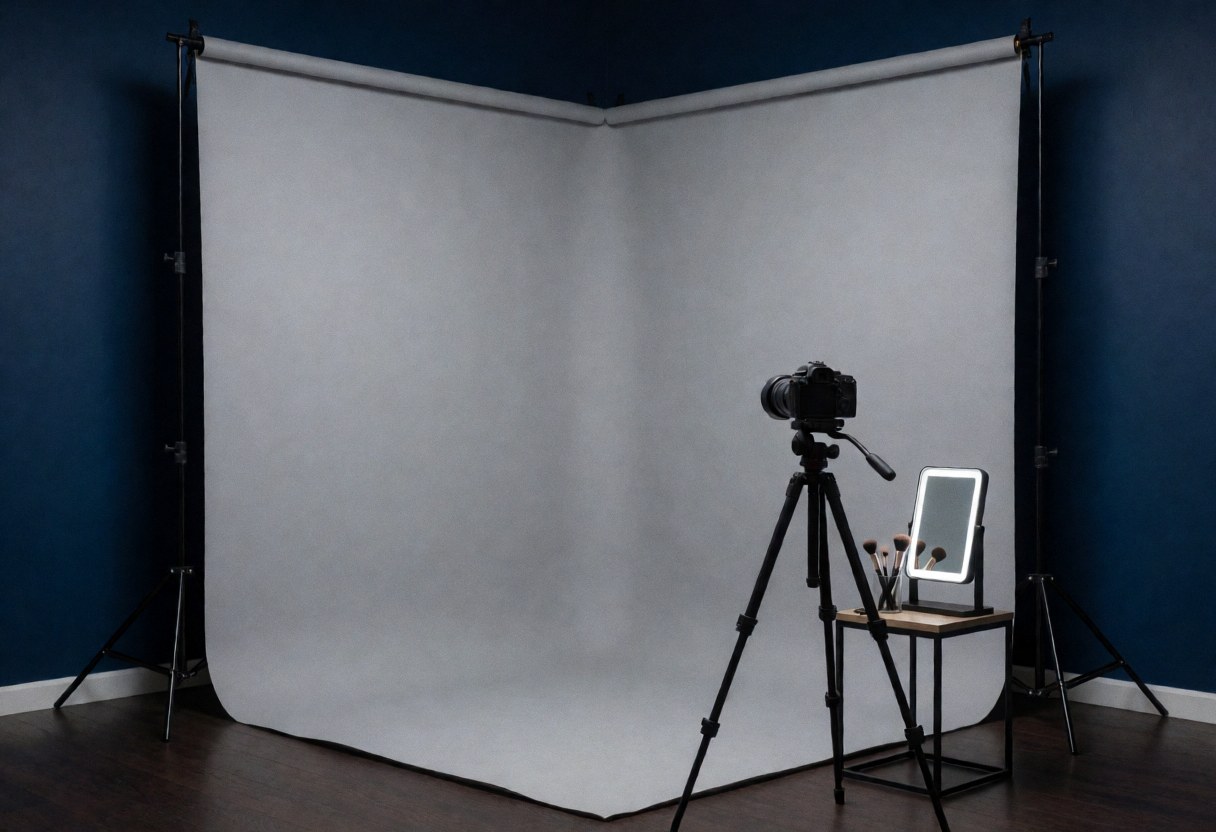 Camera on tripod with makeup mirror and brushes on table against gray backdrop in studio with blue walls